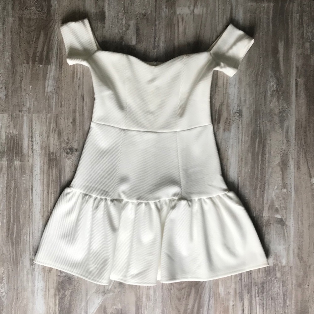 Ivory, off-shoulder mini dress.